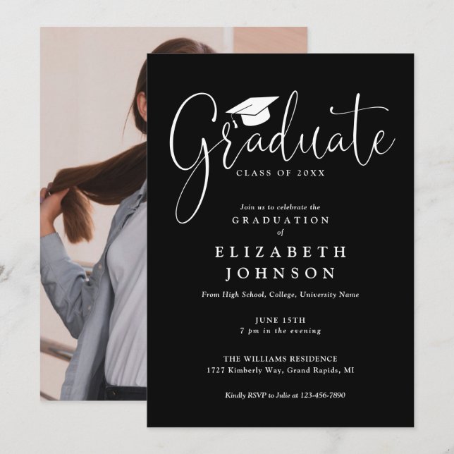 Elegante Script Foto Graduation Party Einladung (Vorne/Hinten)