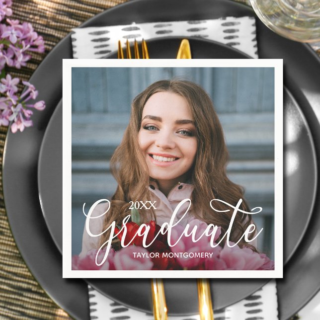 Elegante Script Foto Graduation Party Serviette (Elegant Script Photo Graduation Party Napkins)