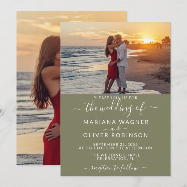 Elegante Script Foto Sage Green Wedding Einladung (Vorne/Hinten)