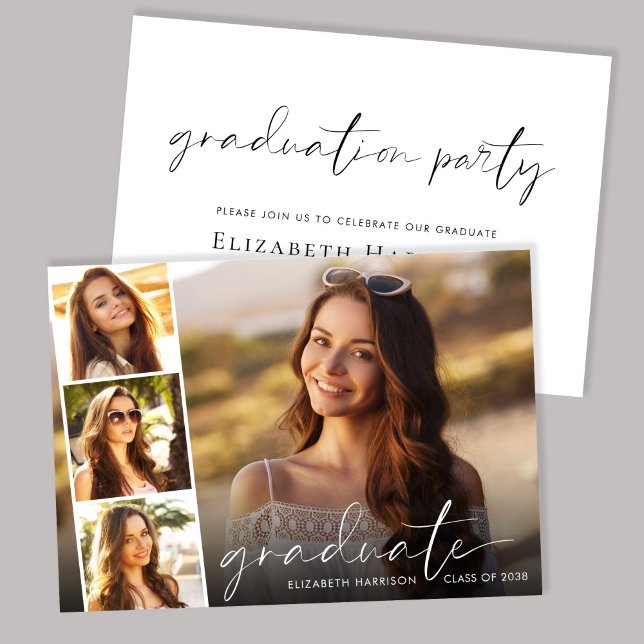 Elegante Script-Foto Strip Graduation Party Einladung (An elegant photo collage graduation party invitation to celebrate the graduate's achievements)