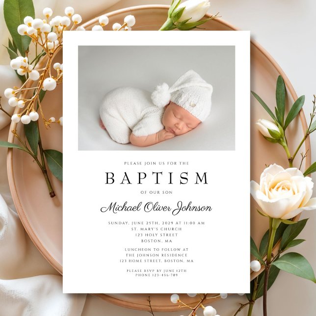 Elegante Script-Foto-Taufe Einladung (Elegant Script Photo Baptism Invitation)