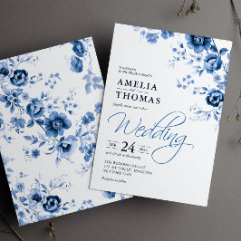 Elegante Script French Blue Floral Toile Hochzeit Einladung