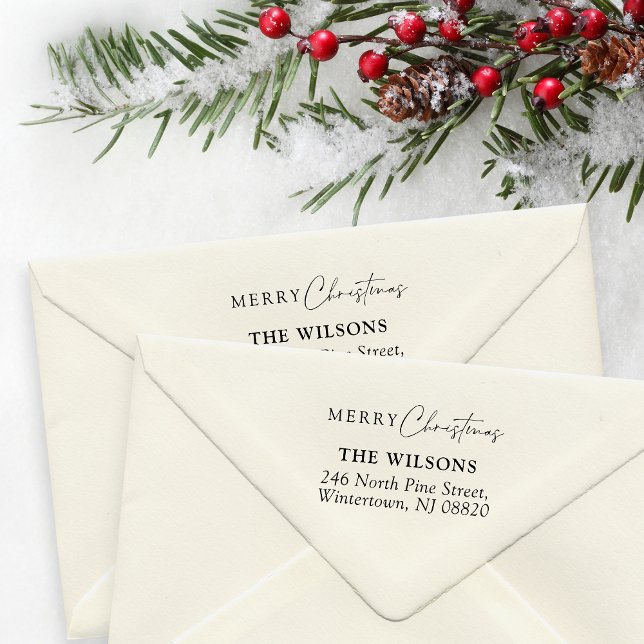 Elegante Script Frohe Weihnachts-Rücksendeadresse Gummistempel (Elegant script 'Merry Christmas' mailing stamp with personalizable family name and address)