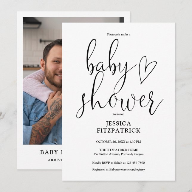 Elegante Script Gender Neutral Foto Baby Duwer Einladung (Vorne/Hinten)