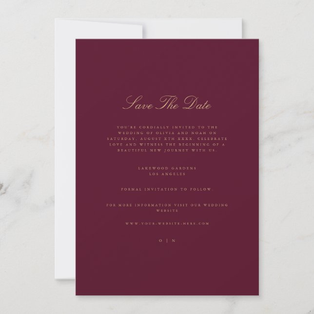 Elegante Script Gold & Burgundy Save the Date Card Ankündigung (Vorderseite)