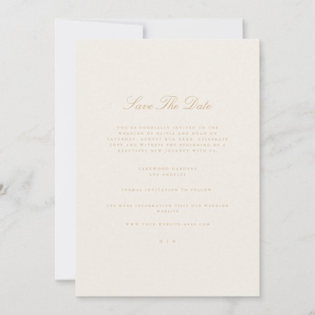 Elegante Script Gold & Ivory Save the Date Card Ankündigung (Vorderseite)