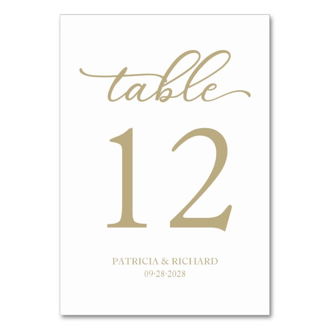 Elegante Script Gold und White Wedding Tischnummer (Vorderseite)