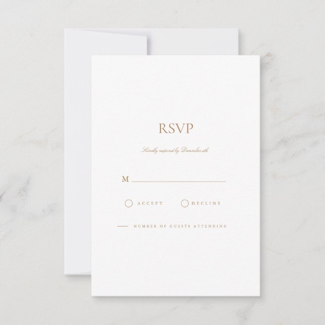 Elegante Script Gold & White RSVP Karte (Vorderseite)