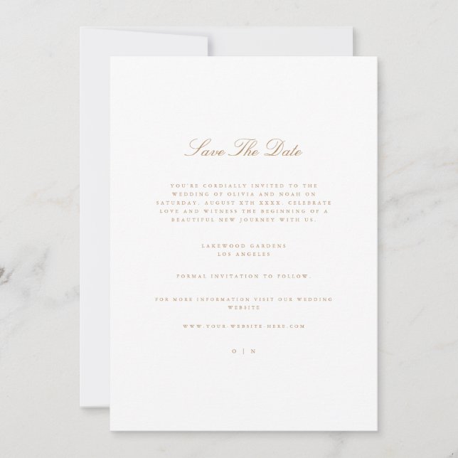 Elegante Script Gold & White Save the Date Card Ankündigung (Vorderseite)