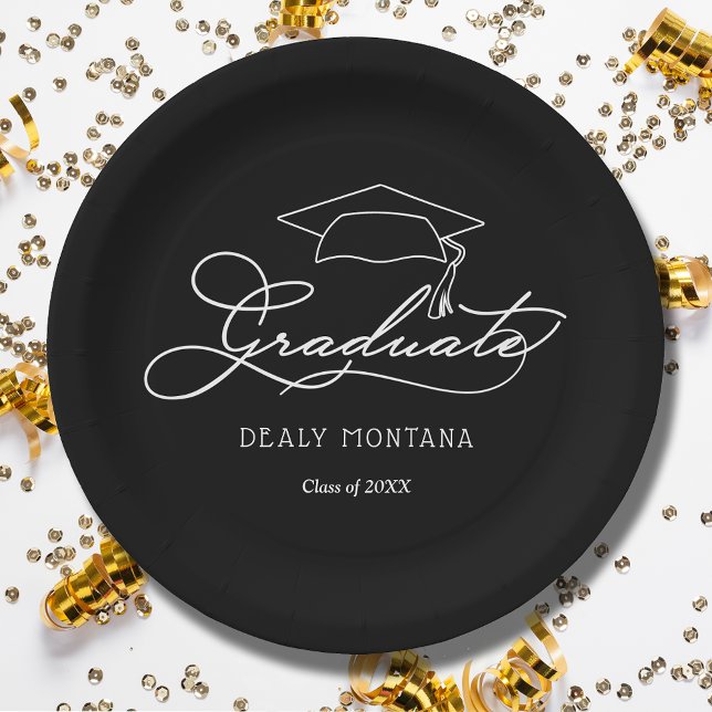Elegante Script Grad Cap Black Abschluss Teller (White script grad cap on black personalized graduation party paper plates, napkins in our store)