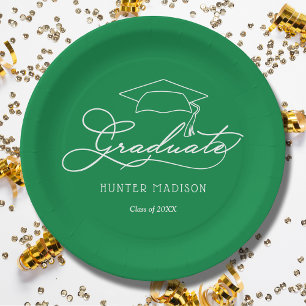 Elegante Script Grad Cap Green Abschluss Teller