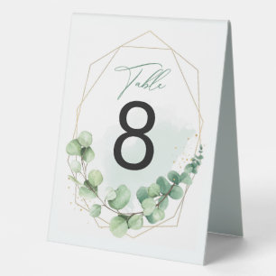 Elegante Script Green Eucalyptus Wedding Number Tischaufsteller