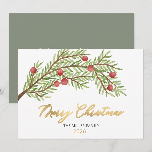Elegante Script Greenery Red Berries Weihnachten (Vorne/Hinten)