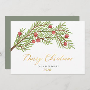 Elegante Script Greenery Red Berries Weihnachten