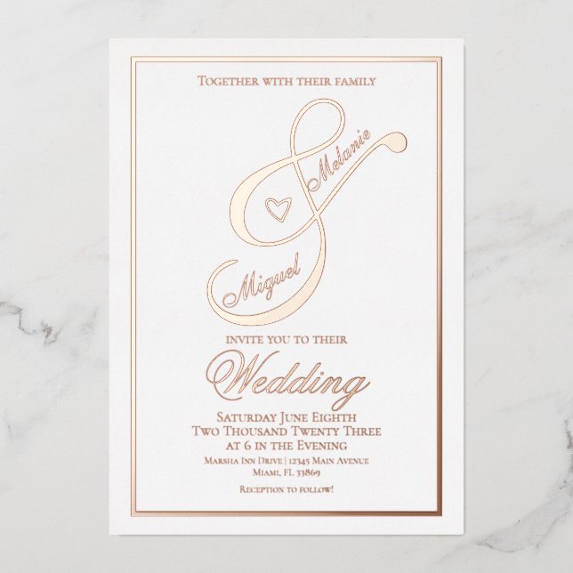 Elegante Script Heart Ampersand Hochzeit gepresst Folieneinladung (Vorderseite)