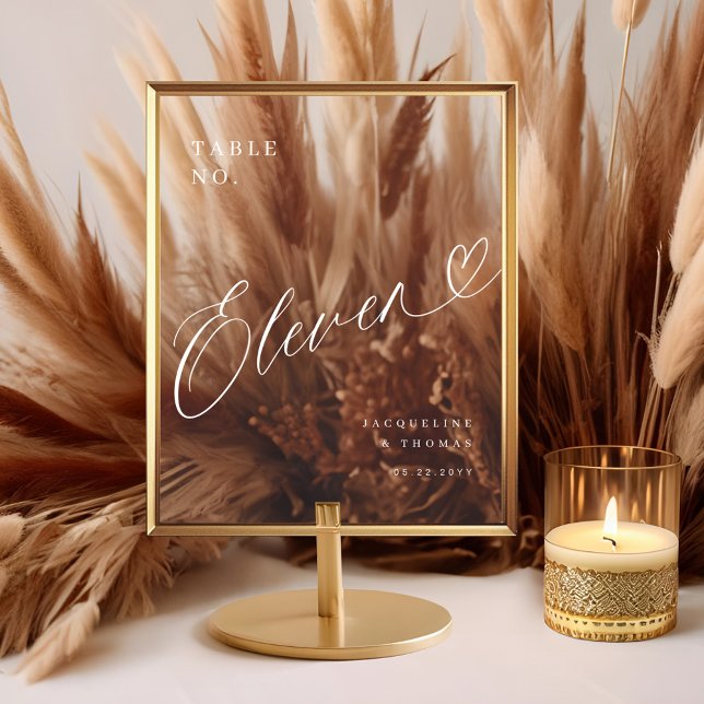 Elegante Script Heart Wedding Tischnummer Eleven Acrylschild (Elegant Script Heart Wedding Table Number Eleven Acrylic Sign)