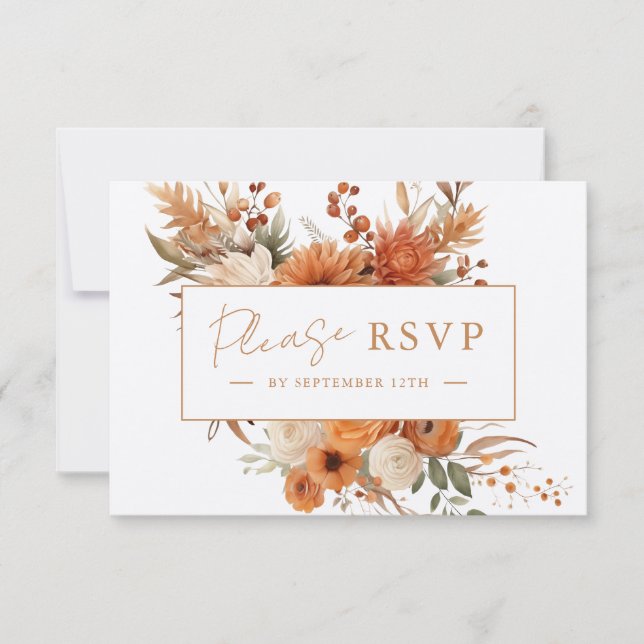 Elegante Script Herbst Botanische Blumenhochzeit RSVP Karte (Vorderseite)