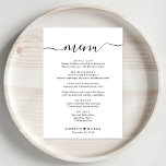 Elegante Script-Hochzeitsempfehlung Menükarte<br><div class="desc">Elegantes Hochzeitsmenü mit "menu" in einem schicken Kalligraphie-Skript mit Swashes,  Ihr individuelles Menü in einfacher Typografie,  Ihre Vornamen verbunden mit einem Herz und Ihr Empfang Datum.</div>