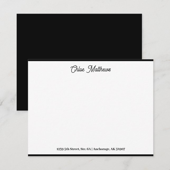 Elegante Script Jet Black Stationery Border Mitteilungskarte (Vorne/Hinten)