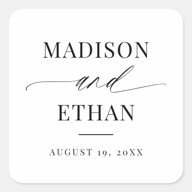Elegante Script-Kalligraphie-Gastgeschenk Hochzeit Quadratischer Aufkleber (Vorderseite)