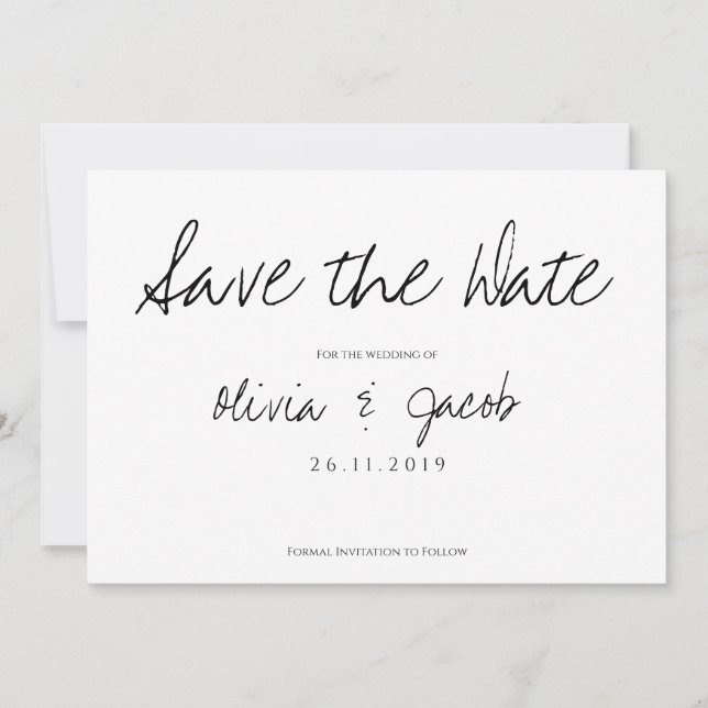 Elegante Script-Klasse Schwarz & Weiß Hochzeit Save The Date (Vorderseite)