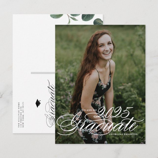 Elegante Script-Klasse von 2024-Foto-Abschluss Einladungspostkarte (Vorne/Hinten)