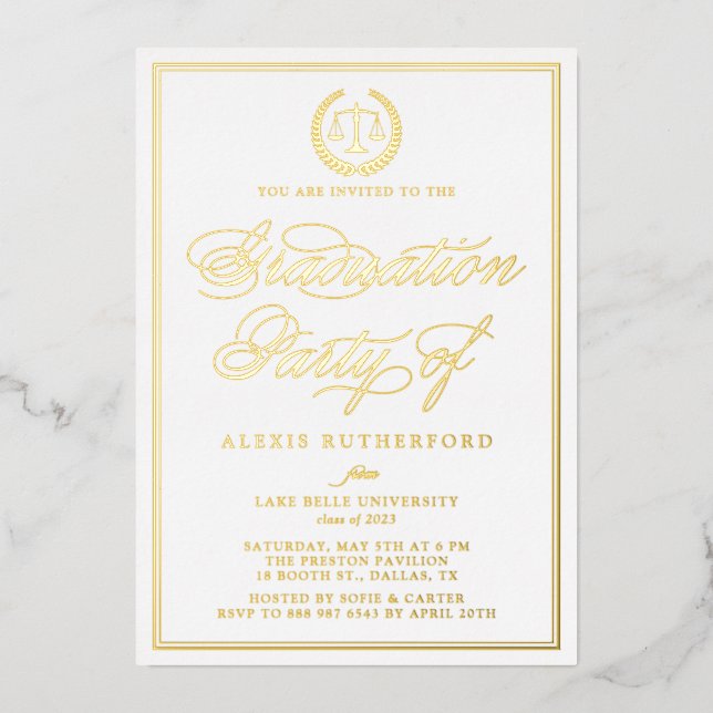 Elegante Script Law School Graduation Party Folieneinladung (Vorderseite)