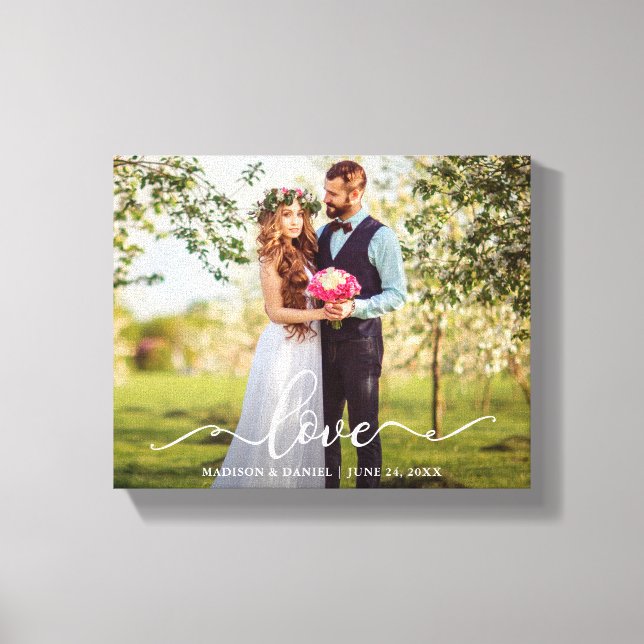 Elegante Script-Liebe Hochzeit Braut und Groom Fot Leinwanddruck (Vorderseite)