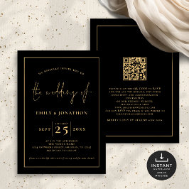 Elegante Script Line QR Code Black Gold Hochzeit Einladung