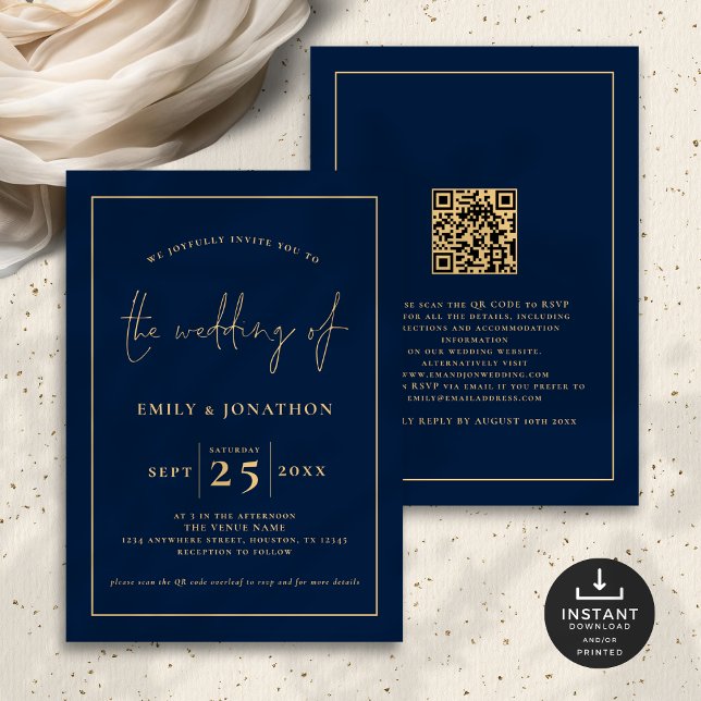 Elegante Script Line QR Code Navy Blue Gold Hochze Einladung (Front and back view)