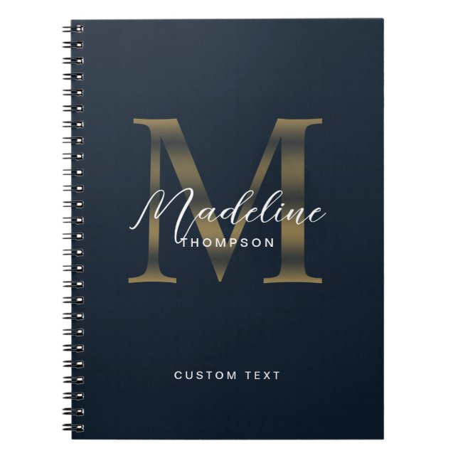 Elegante Script Metallisches Marineblau Gold Monog Notizblock (Vorderseite)