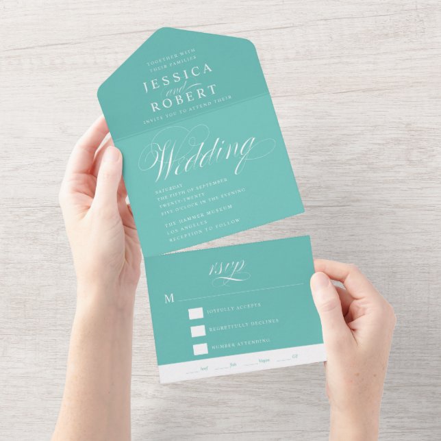 Elegante Script Mint und White Calligraphy Wedding All In One Einladung (Abreißen)