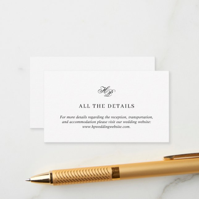 Elegante Script Monogram Black & White Wedding Begleitkarte (Vorderseite/Rückseite Beispiel)