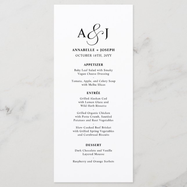 Elegante Script Monogram Formal White Wedding Menükarte (Vorderseite)