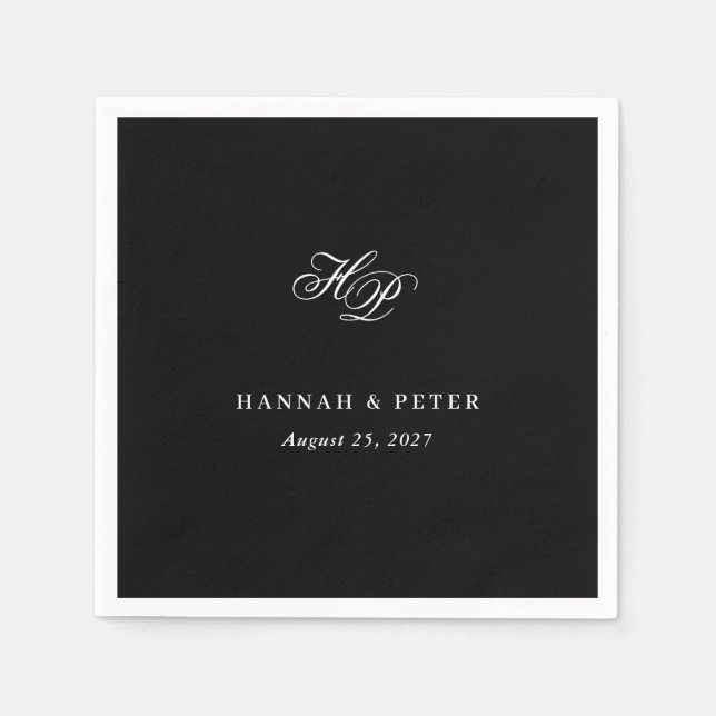 Elegante Script Monogram Initials Black Wedding Serviette (Vorderseite)