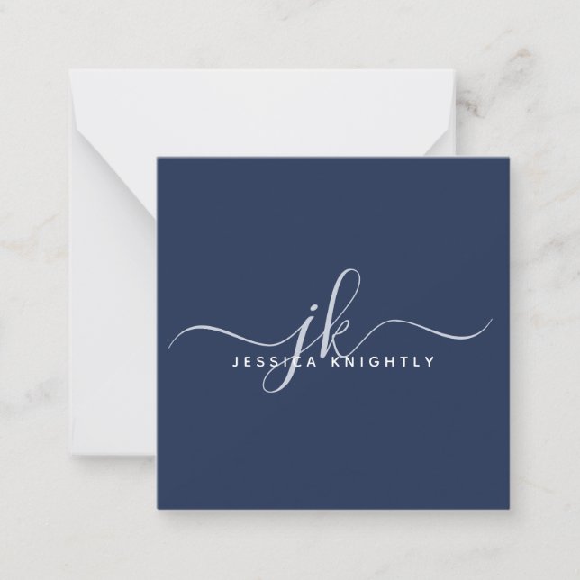 Elegante Script Monogram Initials Navy Blue Mitteilungskarte (Vorderseite)