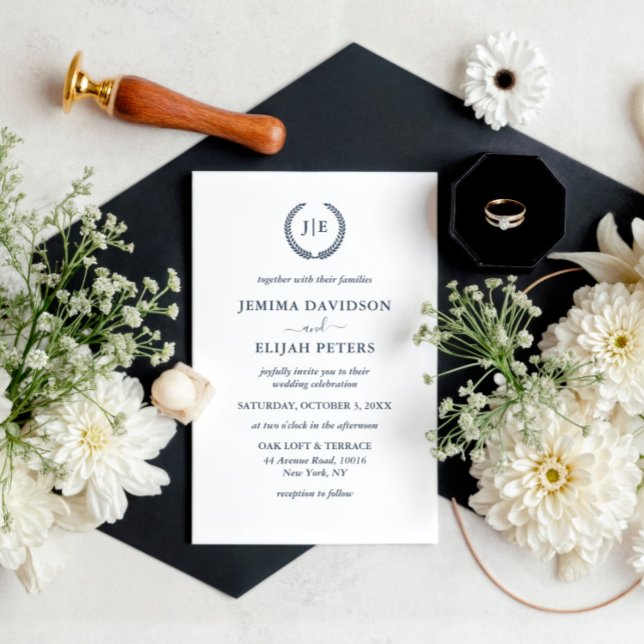 Elegante Script Monogram Wappen Wreath Wedding Einladung (Von Creator hochgeladen)