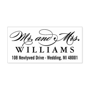 Elegante Script Mr. and Mrs. Wedding Rücksendeadr Gummistempel