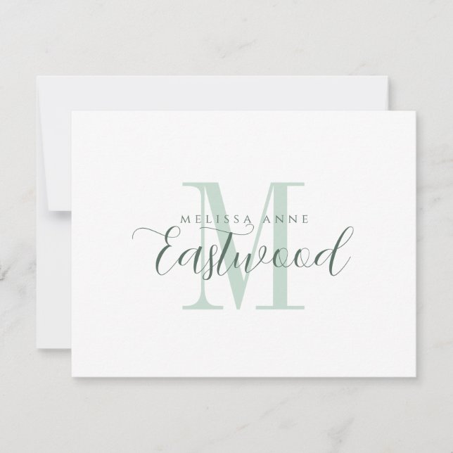Elegante Script Name Green Monogram Flat Note Card Mitteilungskarte (Vorderseite)