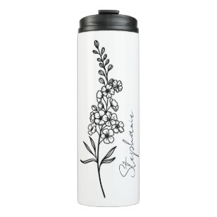 Elegante Script Name Larkspur July Birth Blume Thermosbecher
