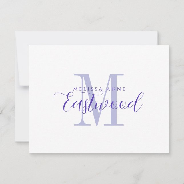Elegante Script Name Lila Monogram Flat Note Card Mitteilungskarte (Vorderseite)