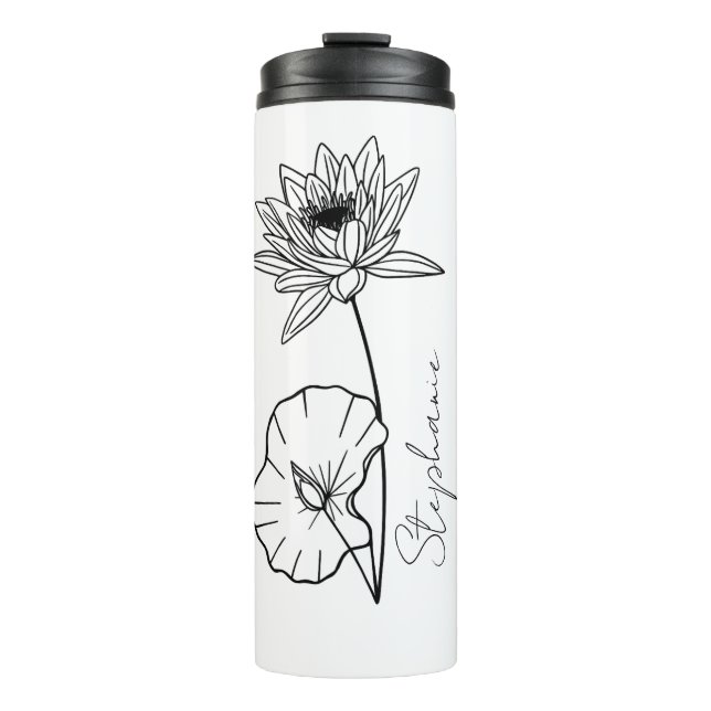 Elegante Script Name Lotus July Birth Month Blume Thermosbecher (Vorderseite)