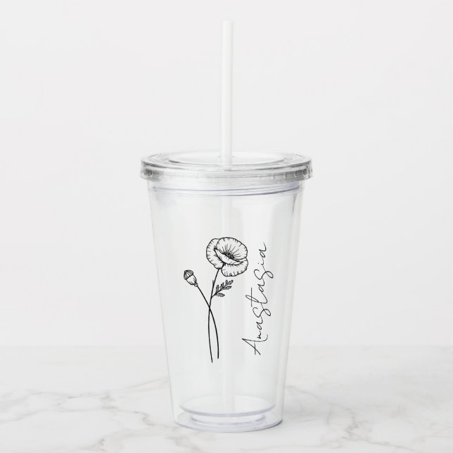 Elegante Script Name Poppy August Birth Blume Acryltrinkbecher (Vorderseite)