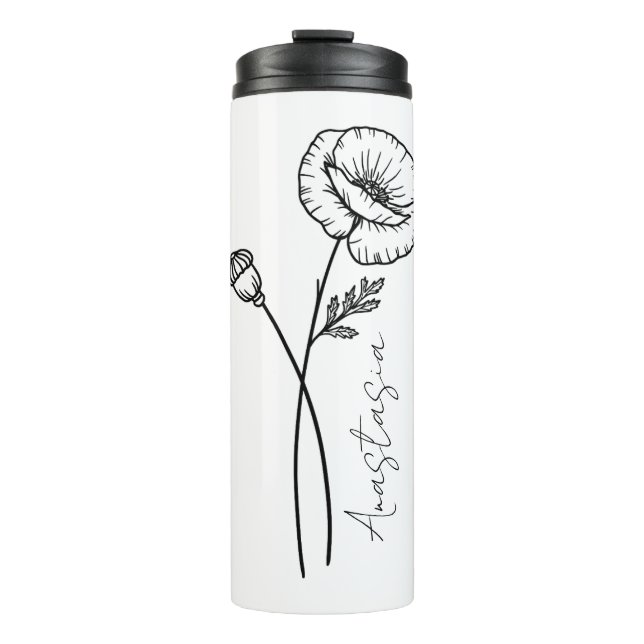 Elegante Script Name Poppy August Birth Blume Thermosbecher (Vorderseite)