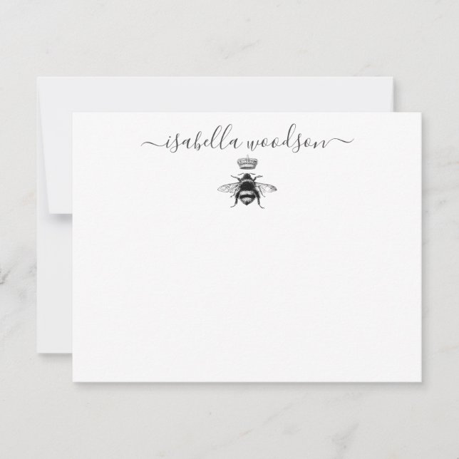 Elegante Script Name Queen Bee Crown Mitteilungskarte (Vorderseite)