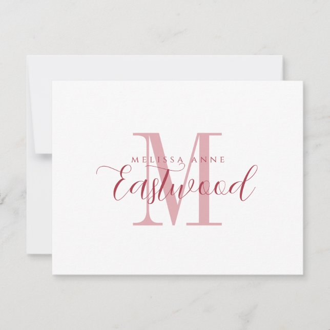 Elegante Script Name Red Monogram Flat Note Card Mitteilungskarte (Vorderseite)