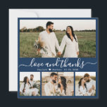 Elegante Script Navy 4 Foto Collage Wedding Dankeskarte<br><div class="desc">Elegant Navy Blue "Liebe und danke" Script 4 Foto Collage Wedding Dankeschön Karte. Stilvoll, modern, minimalistisch Hochzeitskarte danke Ihnen die Vorlage mit vier (4) Foto auf der Vorderseite und ein (1) Foto auf der Rückseite. Mit dem Text "Liebe und Dank" in einer Wirblen Hand Schriftzeichen Swash-Schwanz Schriftart in Weiß auf...</div>