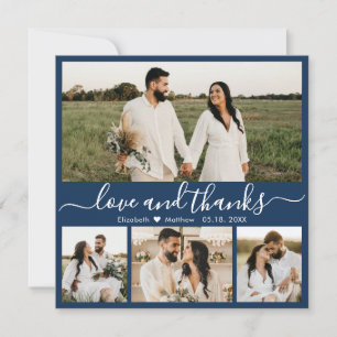 Elegante Script Navy 4 Foto Collage Wedding Dankeskarte
