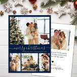 Elegante Script Navy 4 Foto Collage Weihnachten<br><div class="desc">Minimalistische, elegante Kalligraphie 4 Foto Collage Frohe Weihnachts-Script-Karte in Navy und Gold. Diese festliche, einfache vier (4) Foto Urlaubskarte Vorlage verfügt über eine hübsche Grid Foto Collage und sagt "Frohe Weihnachten"! Der "Frohe Weihnachten"-Grußtext ist in einem schönen handgeschriebenen Wirblen Swash-Schwanz Schriftart-Typ geschrieben. Auf der Rückseite mit Ihrer Grußbotschaft-Vorlage mit einem...</div>