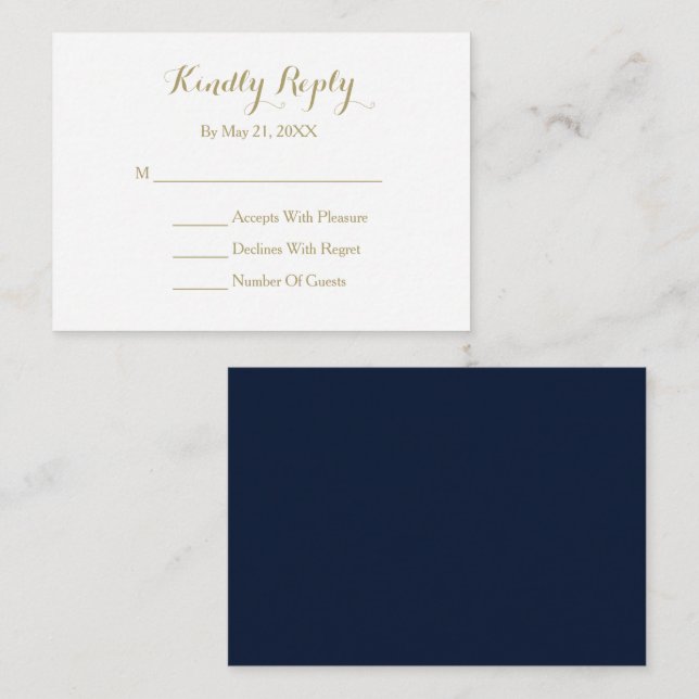 Elegante Script Navy Blue Gold White RSVP Karte (Vorne/Hinten)